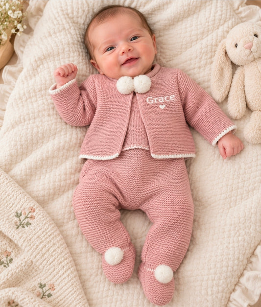Baby Girls Dusky Pink Personalised Pom Pom Set