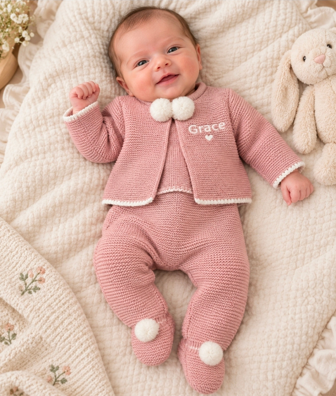 Baby Girls Dusky Pink Personalised Pom Pom Set