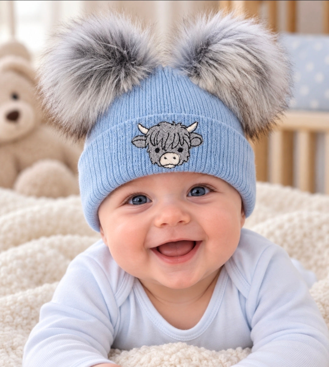 Baby Boys Medium Blue Highland Cow Hat