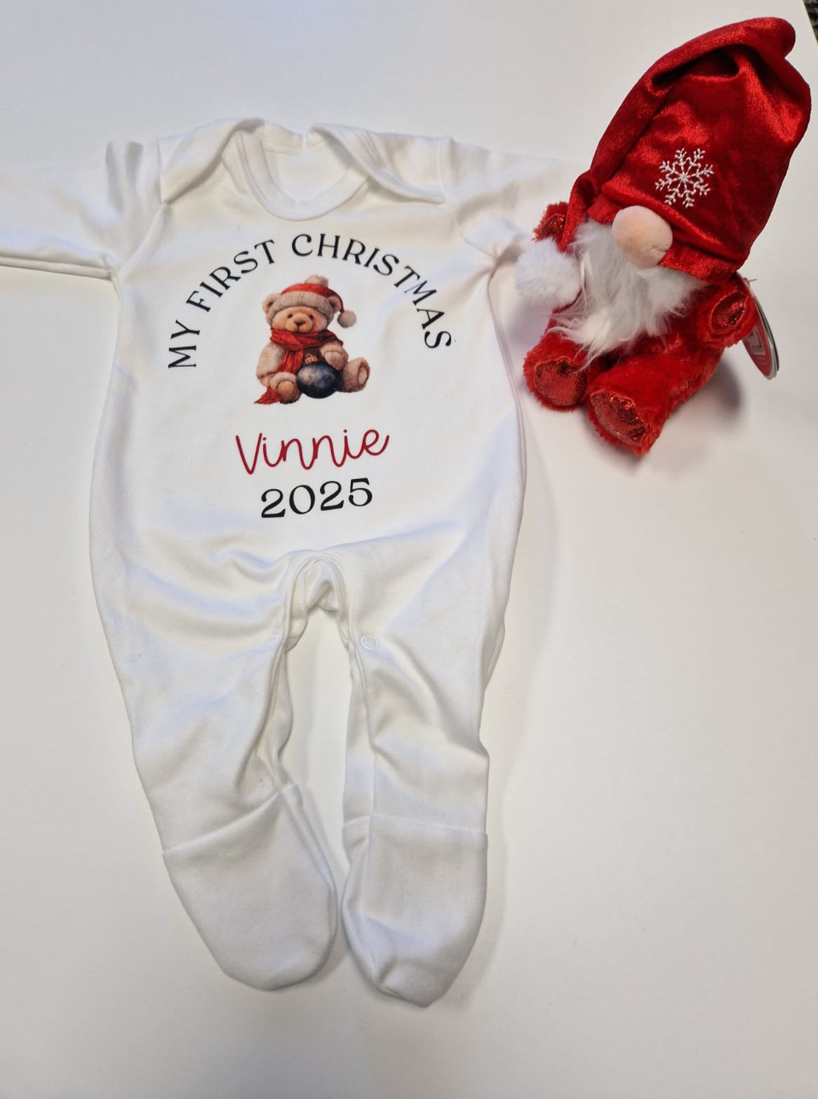Unisex Baby 1st Christmas Personalised Teddy Printed Babygro