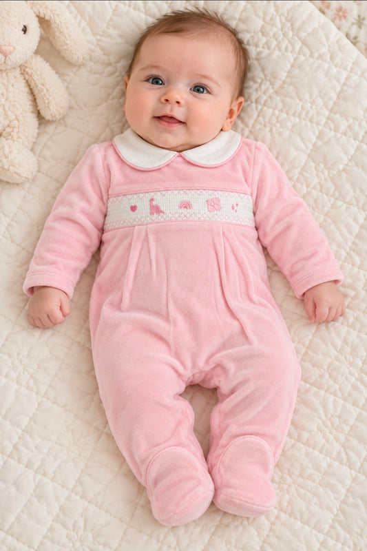 Baby Girls Pink Velour Rainbow Sleepsuit