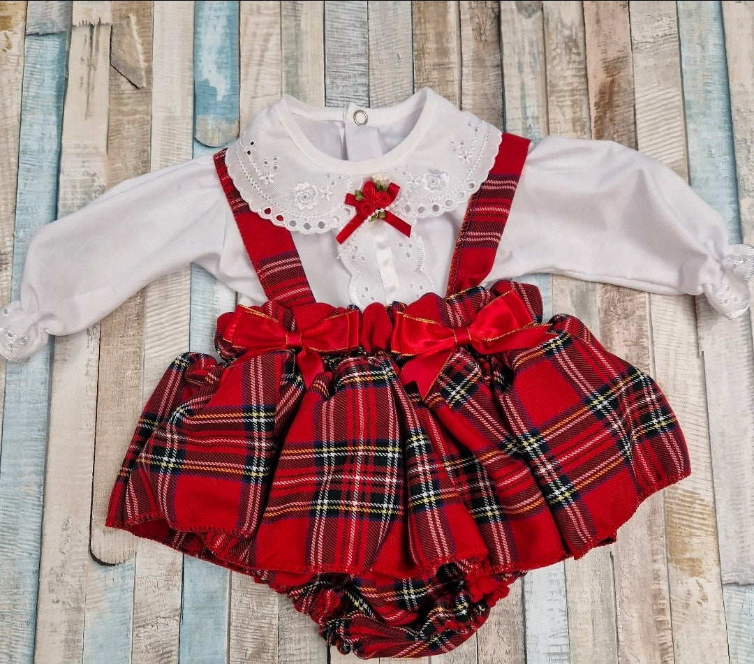 Baby Girls Red Tartan Dungaree Jam Pants Set