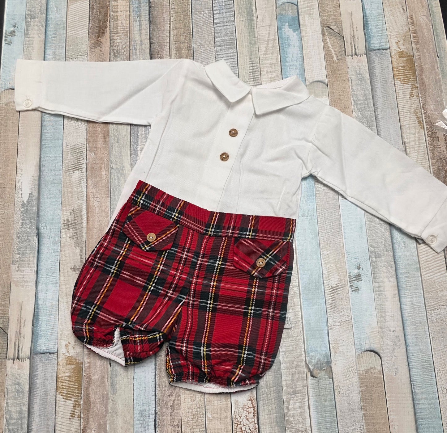 Baby Boys White Shirt And Red Tartan Shorts Set