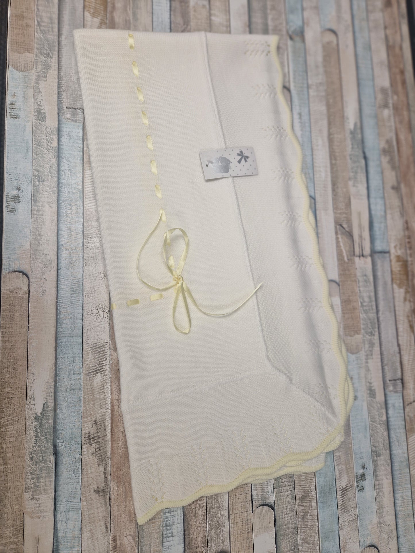 Unisex Baby White And Lemon  Knitted Shawl With Lemon Satin Ribbon