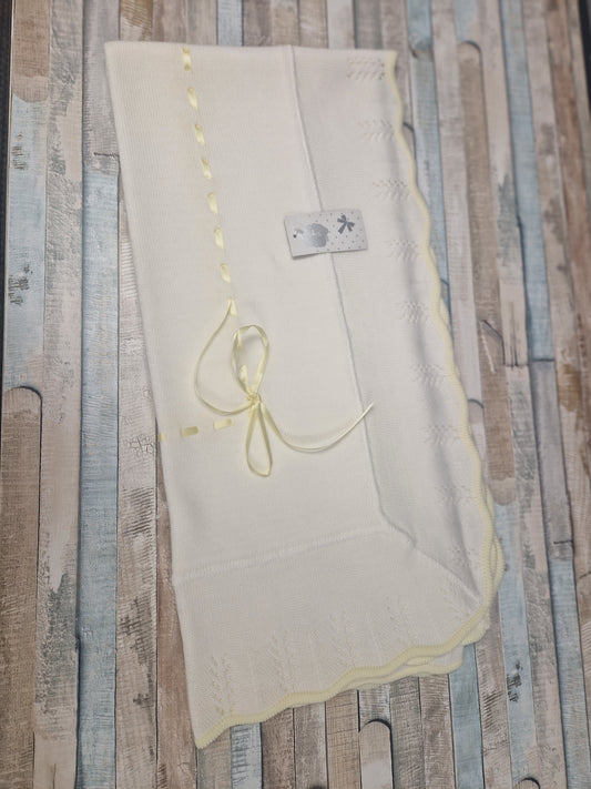 Unisex Baby White And Lemon  Knitted Shawl With Lemon Satin Ribbon