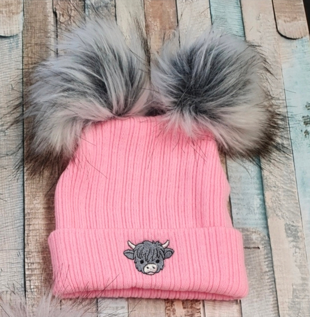 Baby Girls Medium Pink And Grey Pom Highland Cow Hat