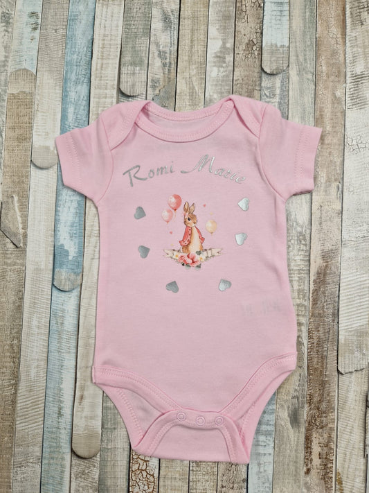 Baby Girls Personalised Pink Printed Pink Rabbit And Heart Vest