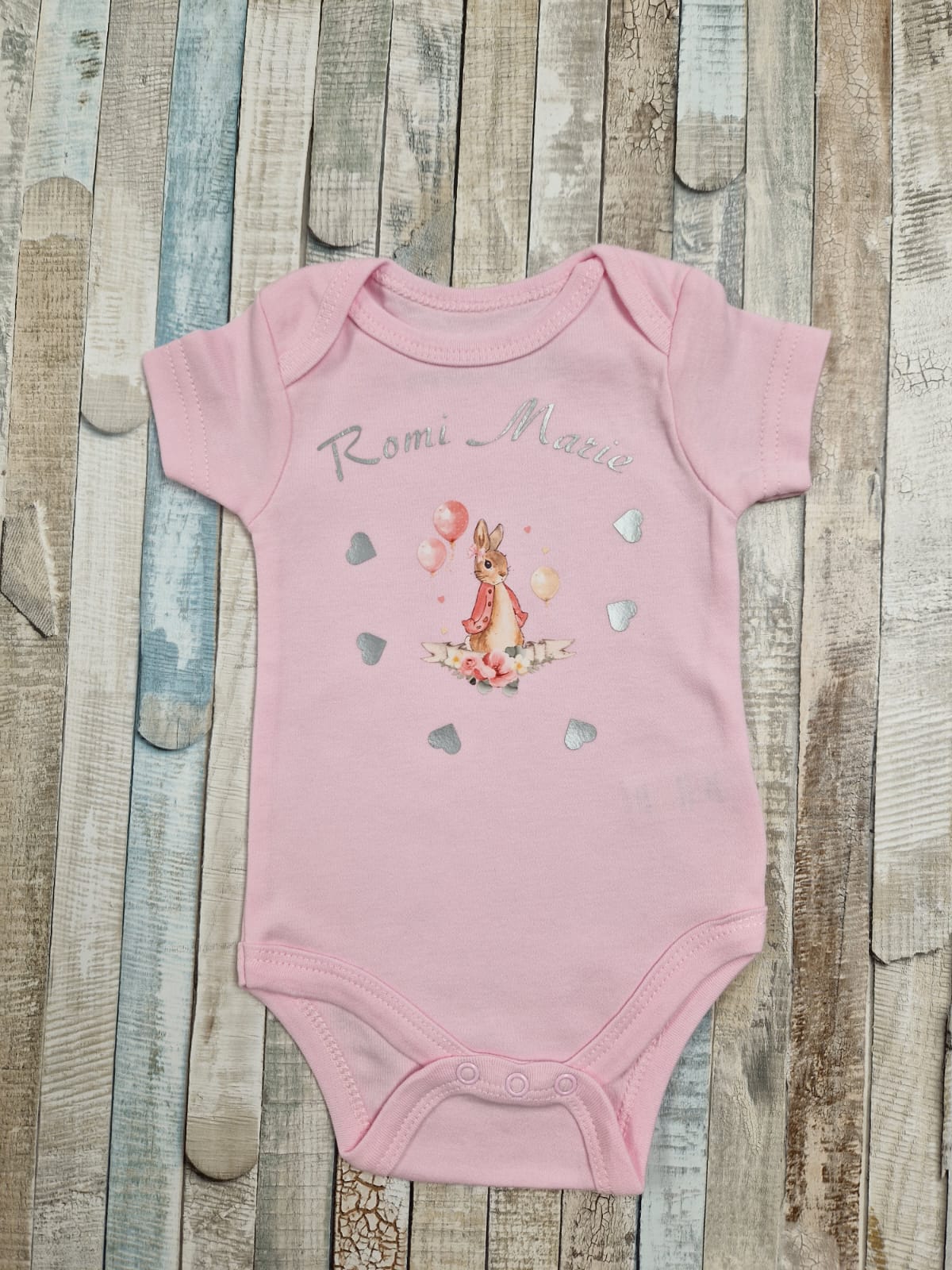 Baby Girls Personalised Pink Printed Pink Rabbit And Heart Vest