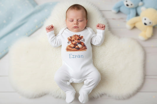 Personalised Baby Highland Cow Hay Im New Here Printed Newborn Babygro