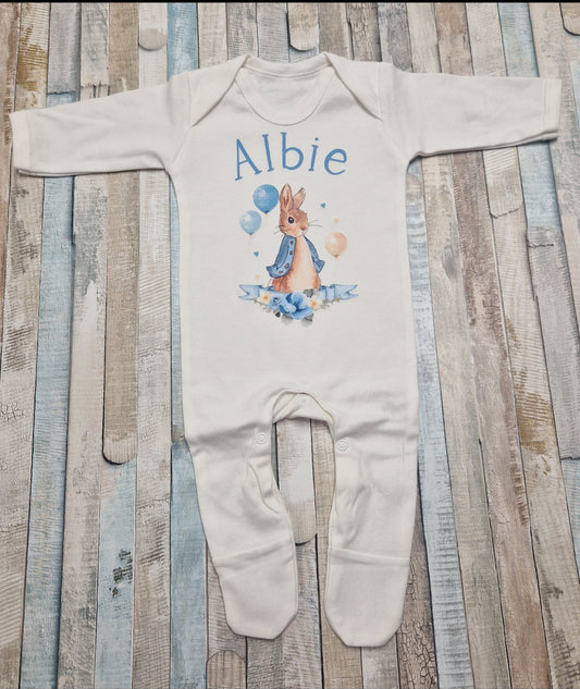 Baby Boy Personalised White Printed Blue Rabbit Babygro