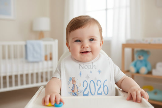 Personalised White Printed Bib With Blue Rabbit Year Born