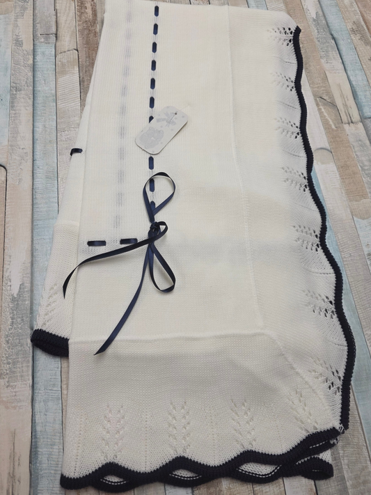 Unisex Baby White And Navy Knitted Shawl With Navy Satin Ribbon