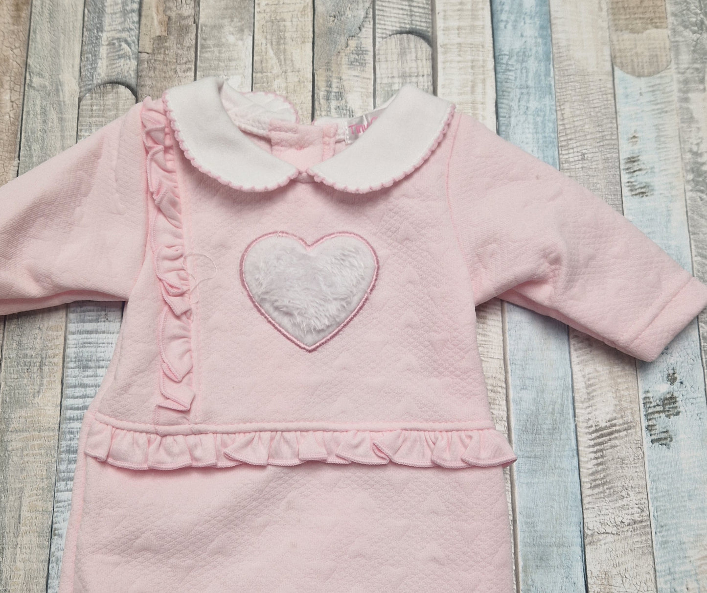 Premature Baby Girls Pink Faux Fur Single Heart Frilled Edge Babygro