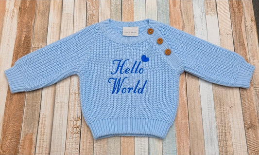 Baby Boys Blue Chunky Knit Hello World Jumper