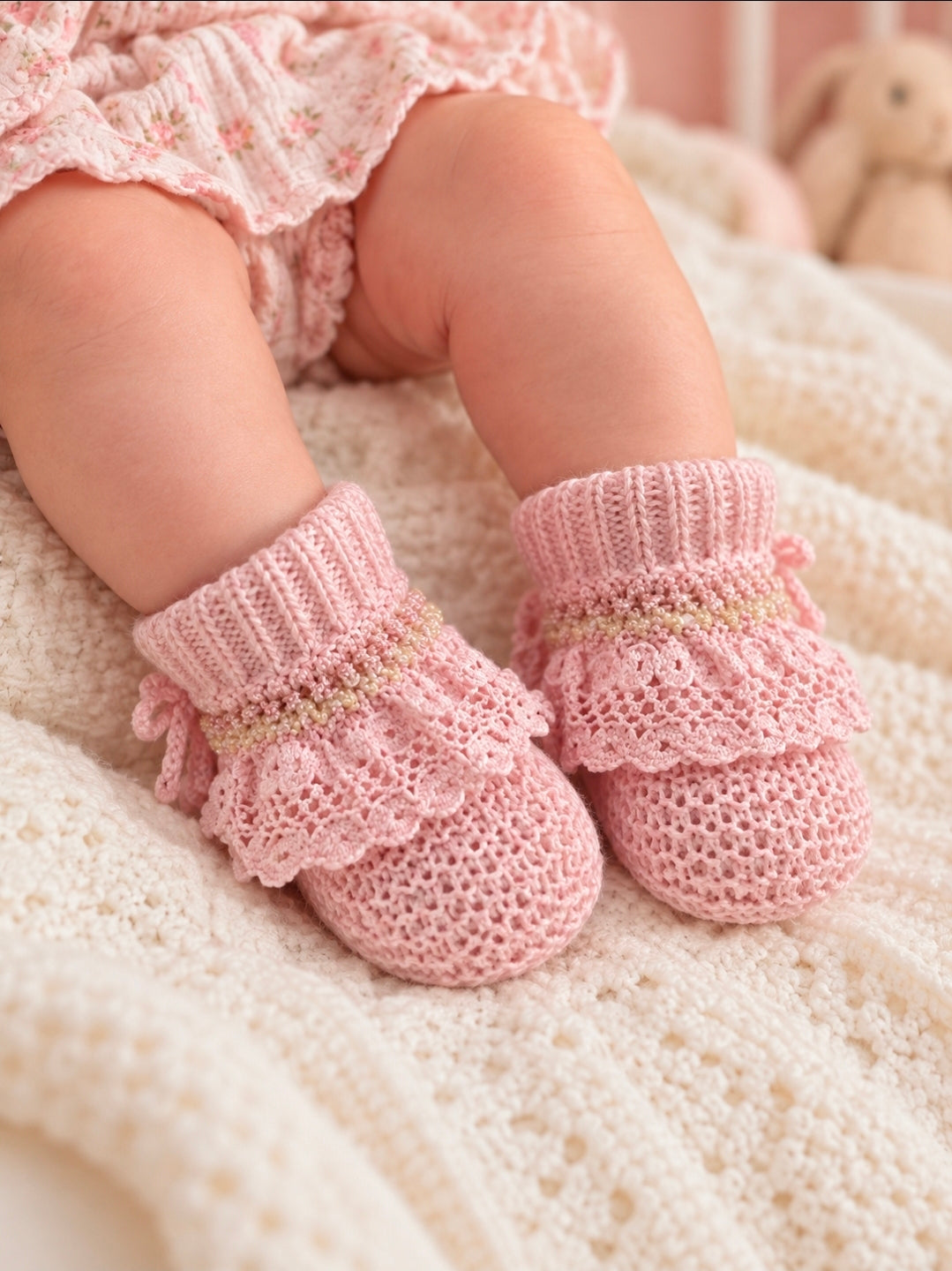 Newborn Baby Girls Lace Trim Knitted Booties