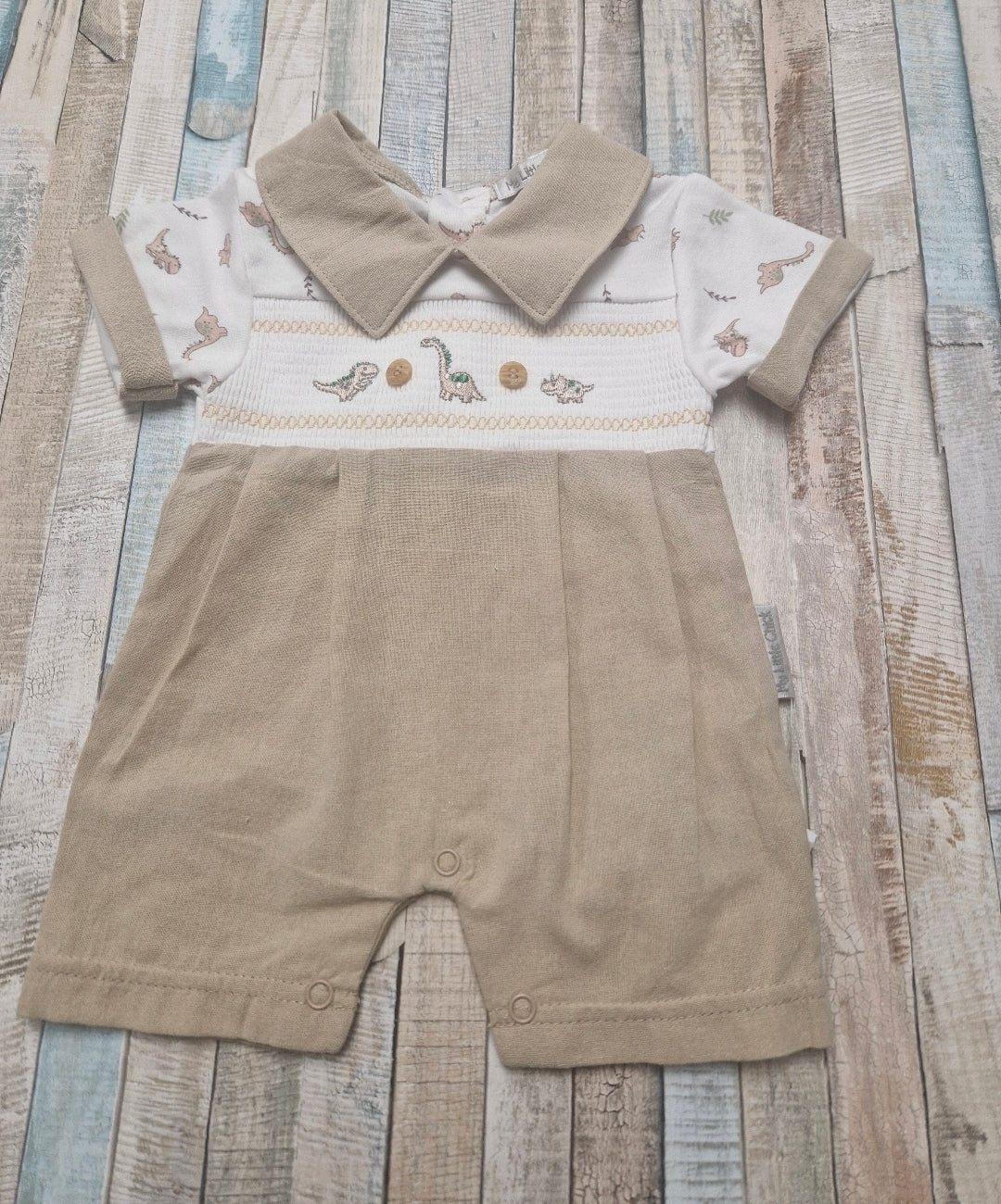 Baby Boys Beige Dinosaur Smocked Faux Button Romper