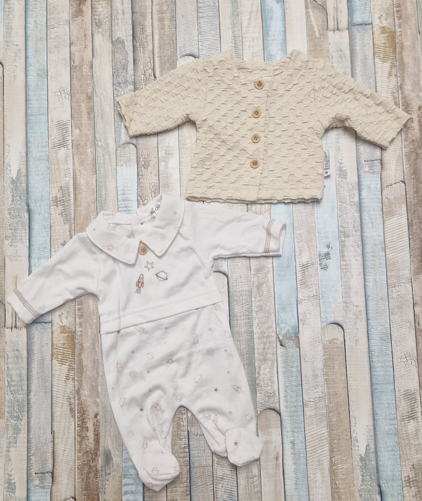 Premature Baby Boys Beige And White Space Design Babygro And Cardigan Set