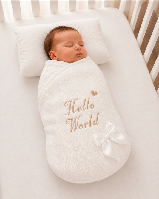 White Cable Design Swaddle With Hello World In Beige Embroidery