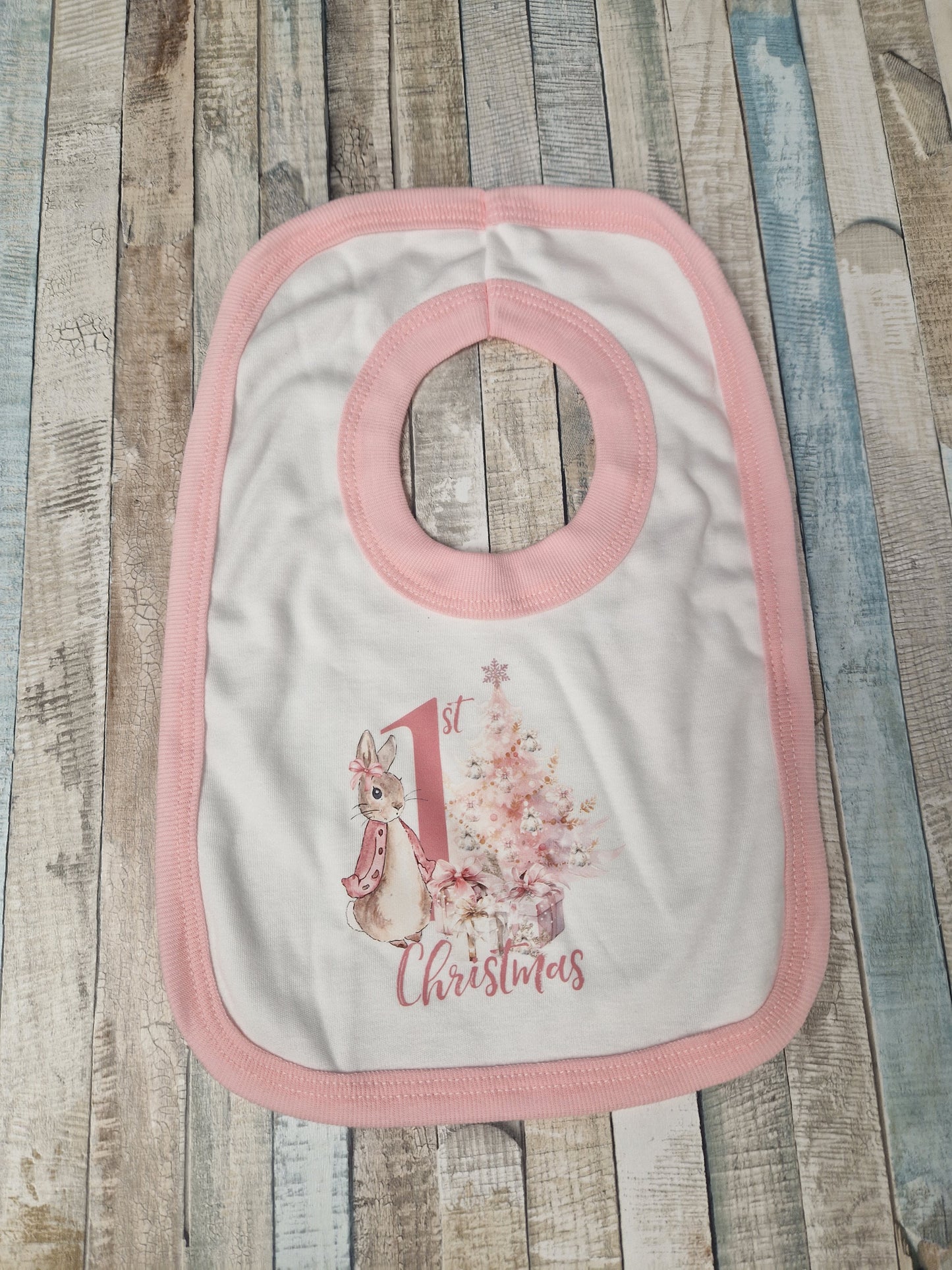 Baby Girls White 1st Christmas Bib With Pink Rabbit