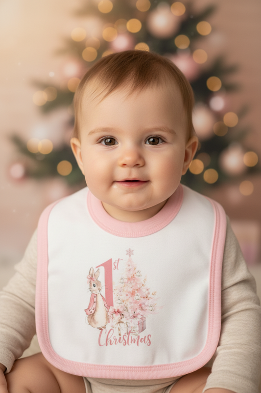 Baby Girls White 1st Christmas Bib With Pink Rabbit