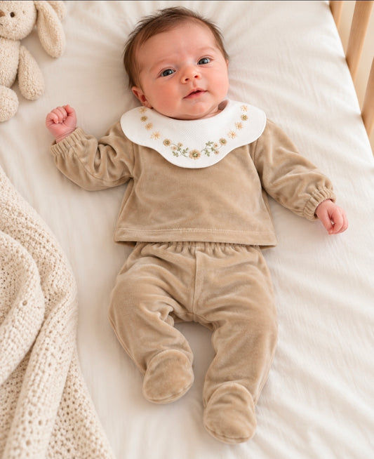 Unisex Baby Beige Velour 2 Piece Set