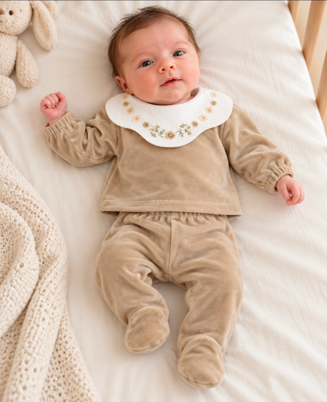 Unisex Baby Beige Velour 2 Piece Set