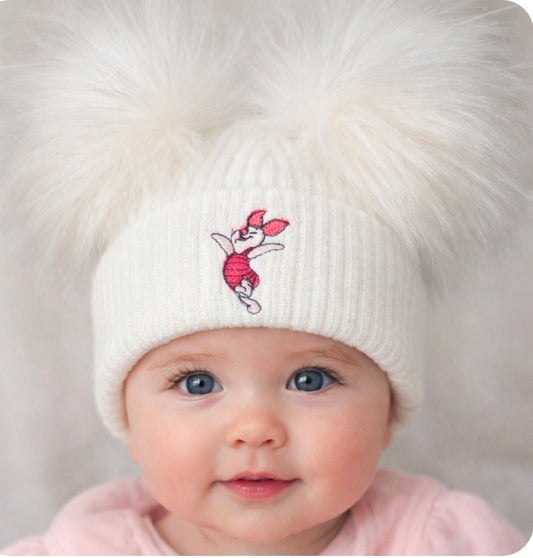 Baby White Knitted Double Fluffy Pom Pom Hat With Pink Piglet