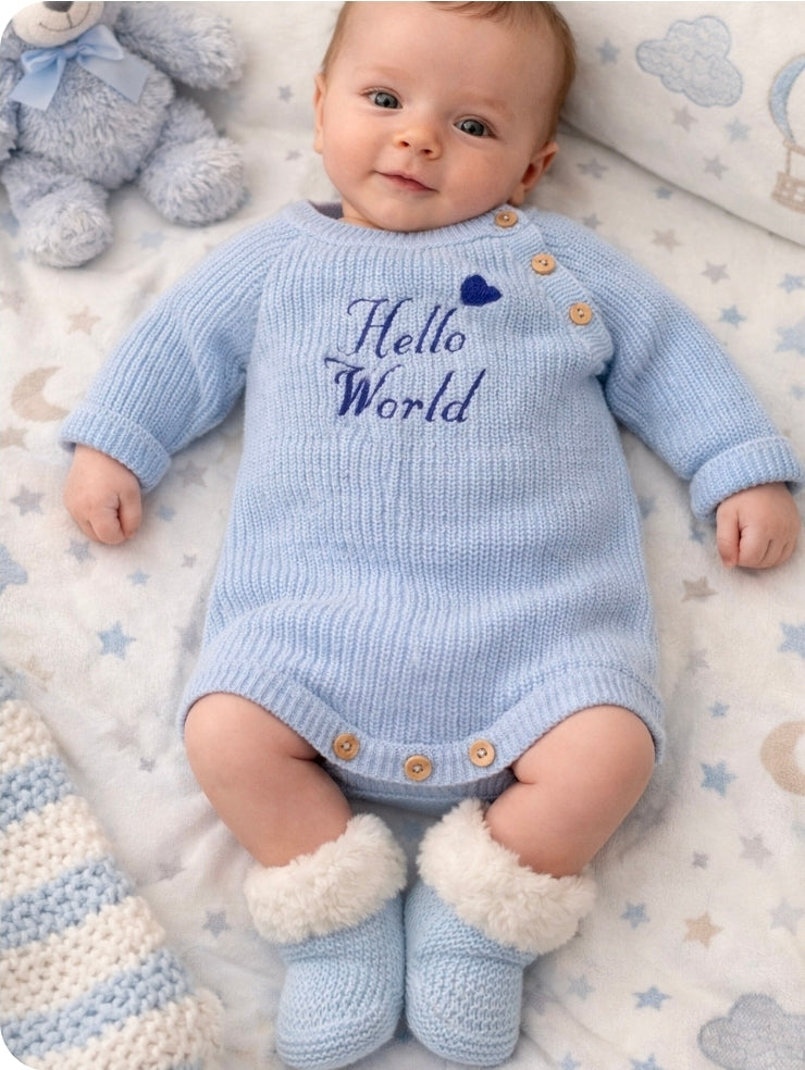 Nana B Baby Boys Blue Hello World Long Sleeved Romper And Beanie Hat