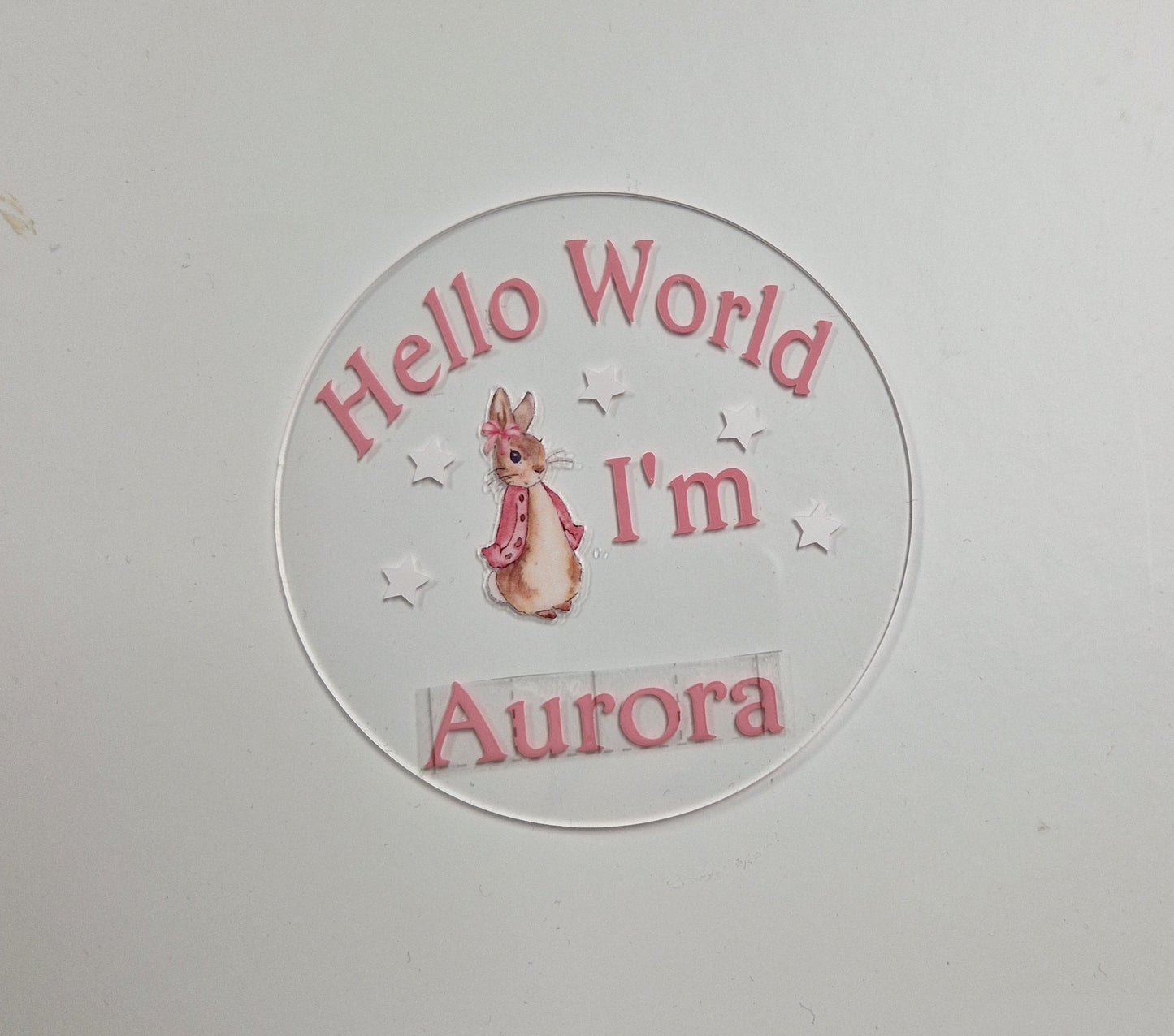 Personalised Clear Pink Rabbit Hello World Announcement Disc