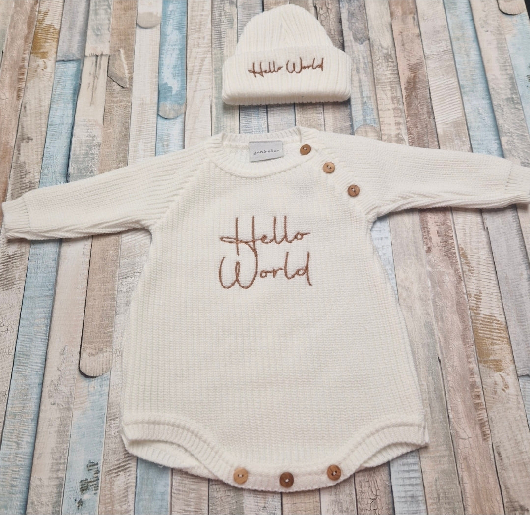Unisex Baby White Knitted Hello World Romper And Beanie Hat
