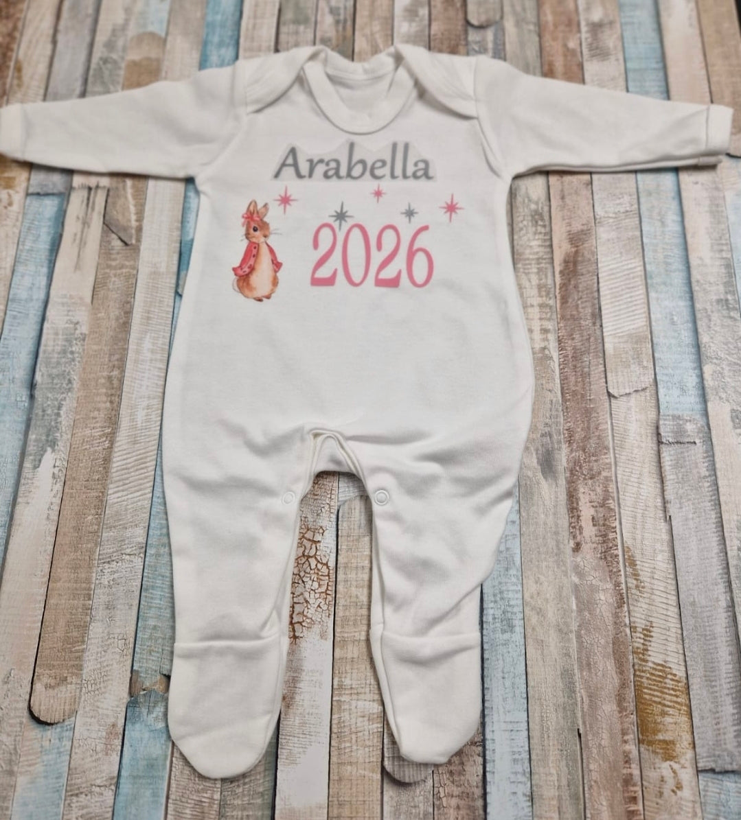 Personalised White Printed Babygro With Pink Rabbit Year Born