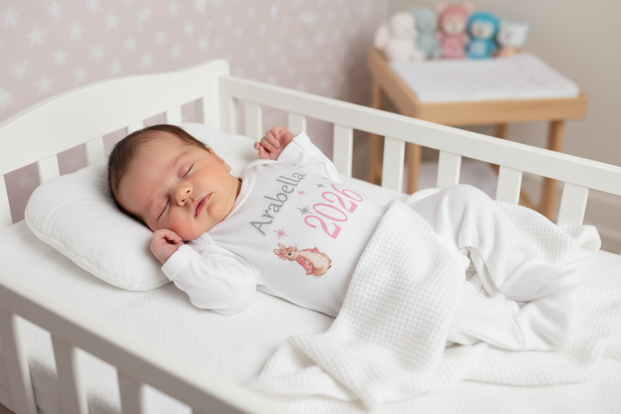 Personalised White Printed Babygro With Pink Rabbit Year Born