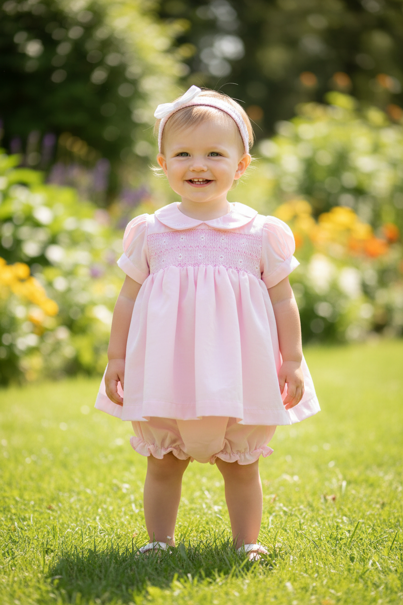 Baby Girls Pink Flower Smocked Dress Pants And Headband