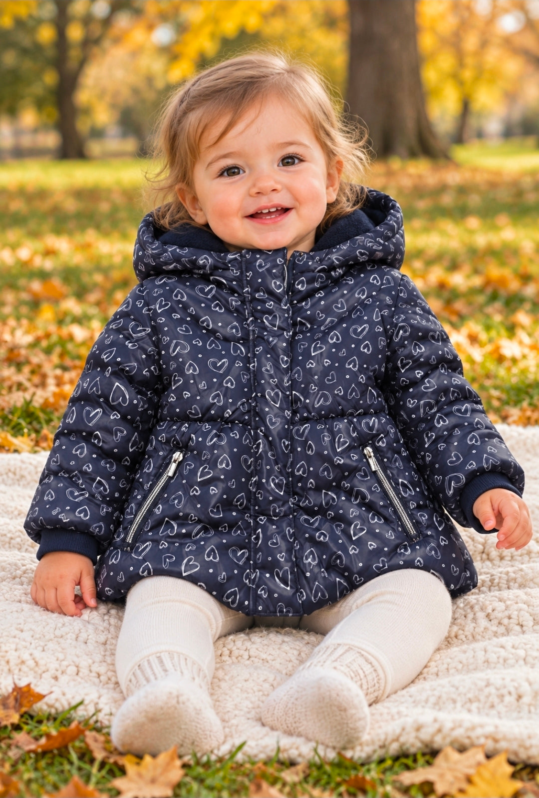 Girls Navy Heart Design Padded Coat With Hood
