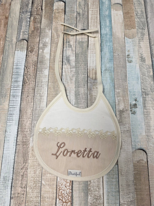 Unisex Baby Personalised White And Beige Tie Bib