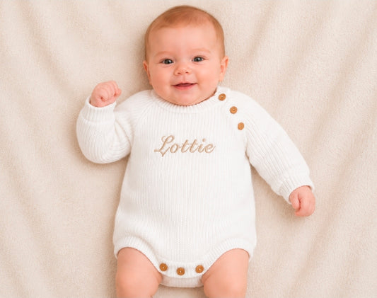 Personalised Unisex Baby White Knitted Long Sleeved Romper