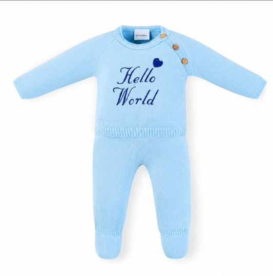 Baby Boys 2 Piece Blue Knitted Set With Embroidered Hello World Design