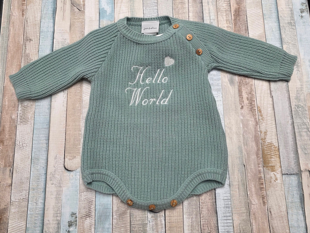 Unisex Baby Sage Knitted Romper With White Hello World