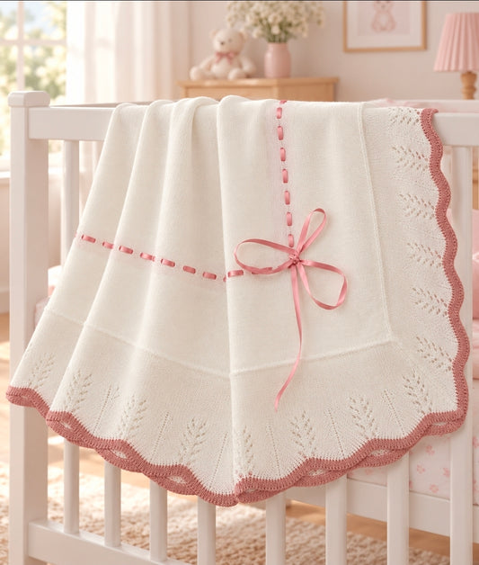 Baby Girls White And Dusky Pink Knitted Shawl With Dusky Pink Satin Ribbon