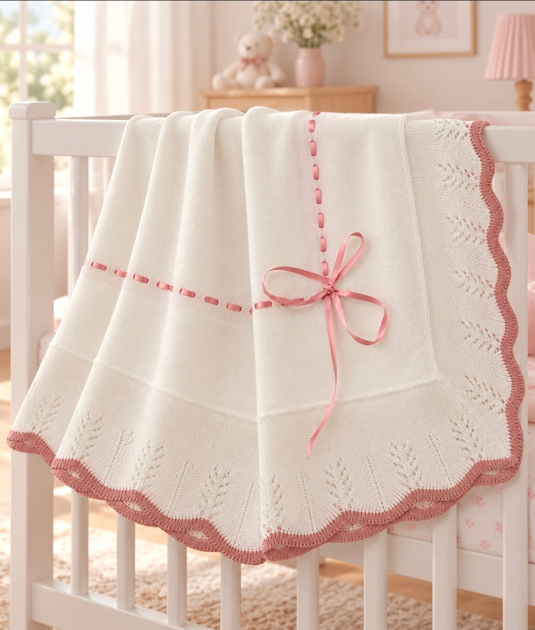 Baby Girls White And Dusky Pink Knitted Shawl With Dusky Pink Satin Ribbon