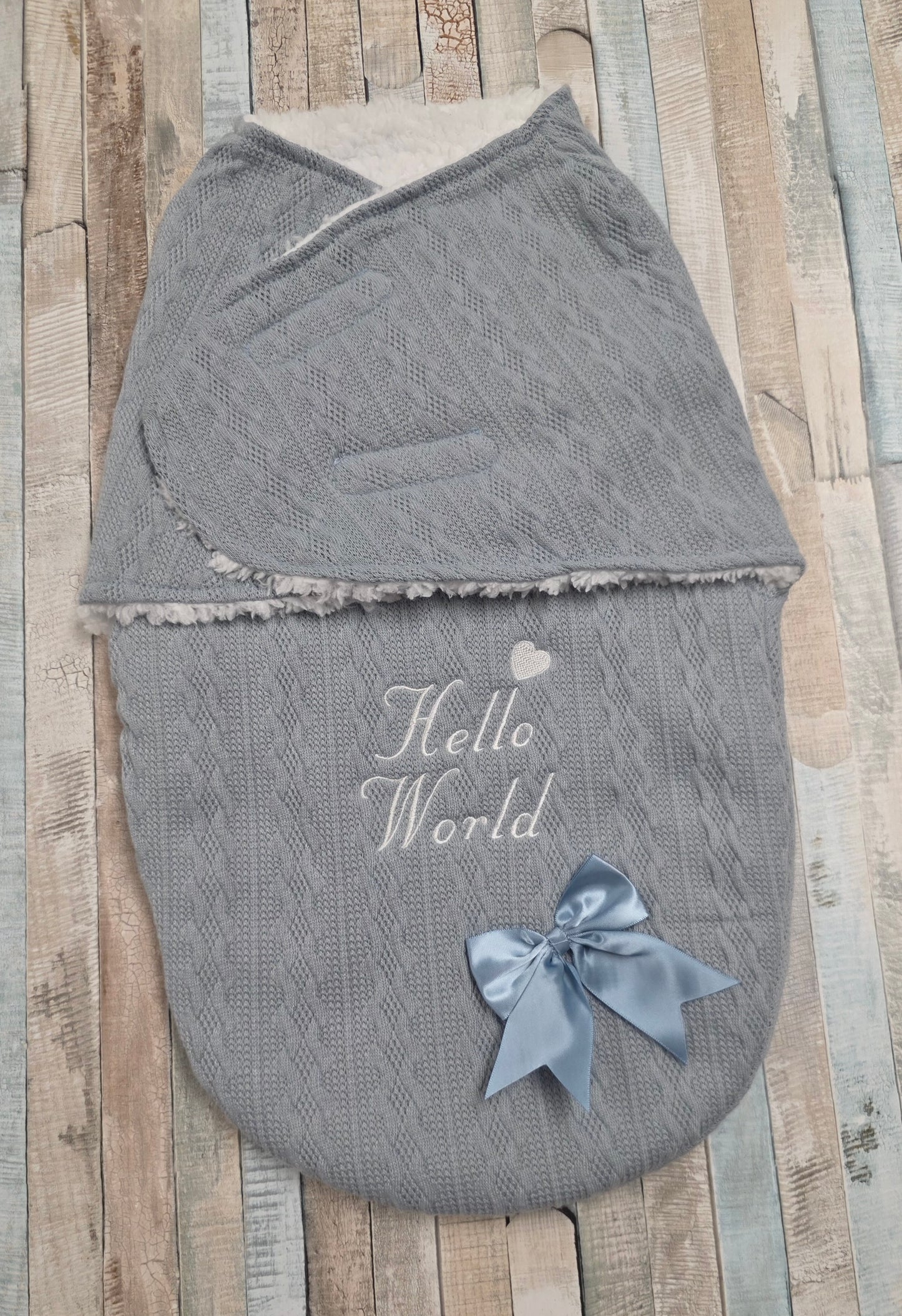 Baby Boys Dusky Blue Cable Design Hello World Swaddle