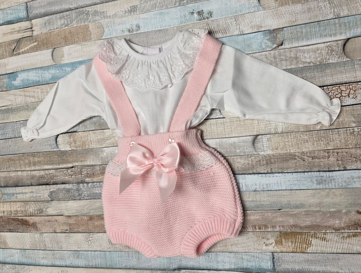 Baby Girls Pink Knitted Dungaree Romper 2 Piece Set