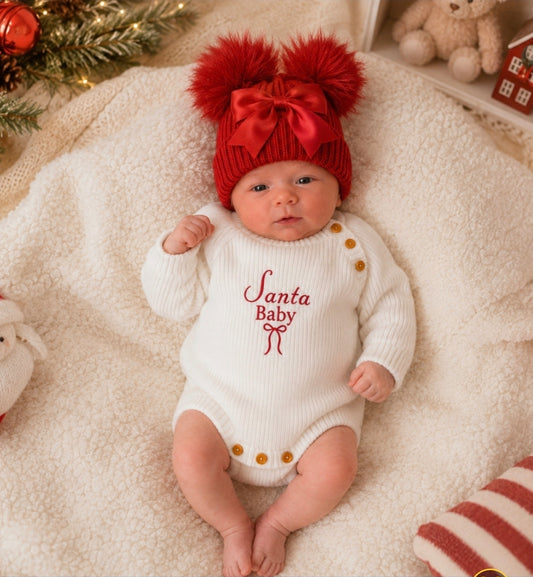 Baby Girls Red Satin Bow And Fluffy Double Pom Hat
