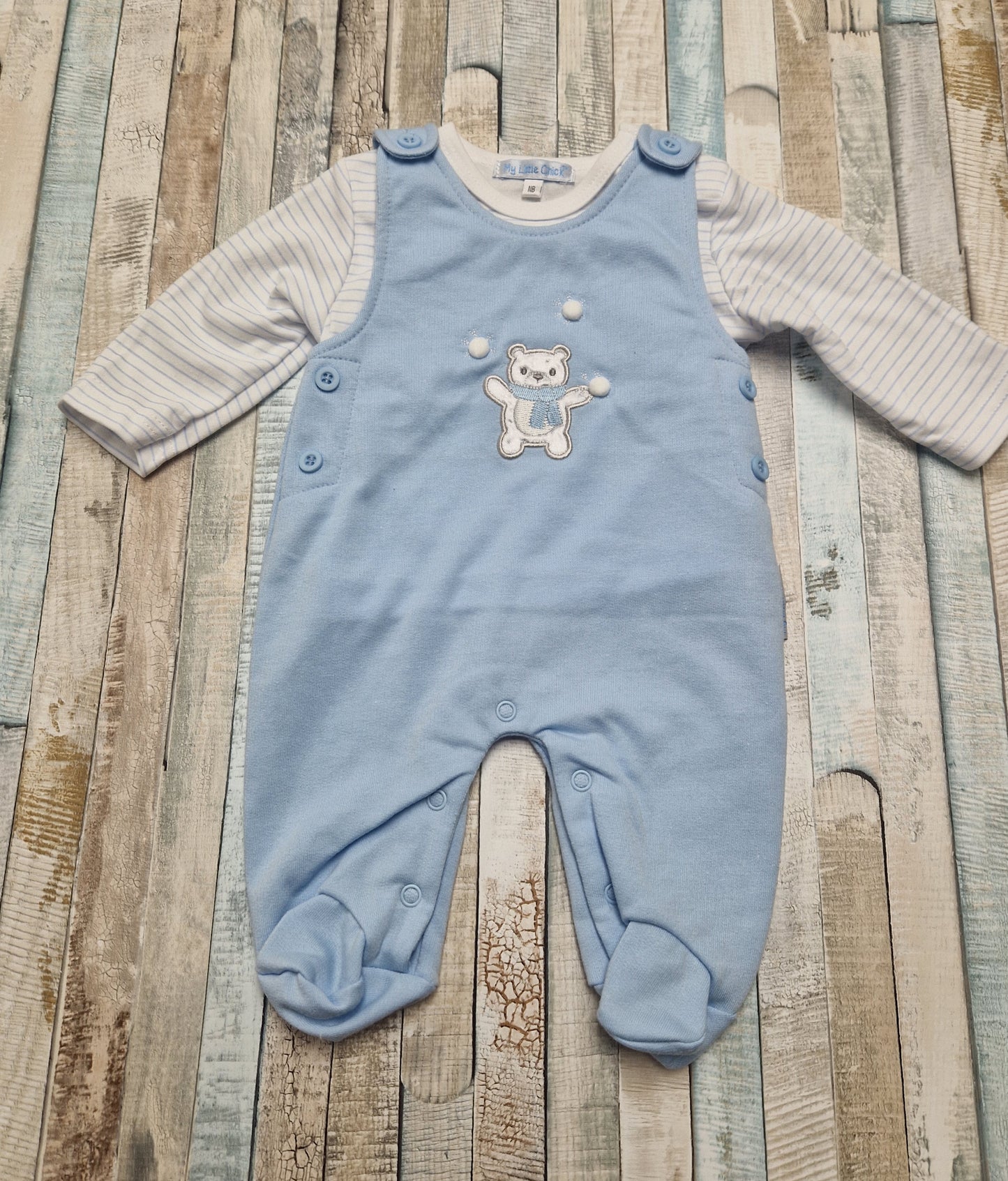 Baby Boys Blue And White Teddy And Snowball Design Dungaree Set