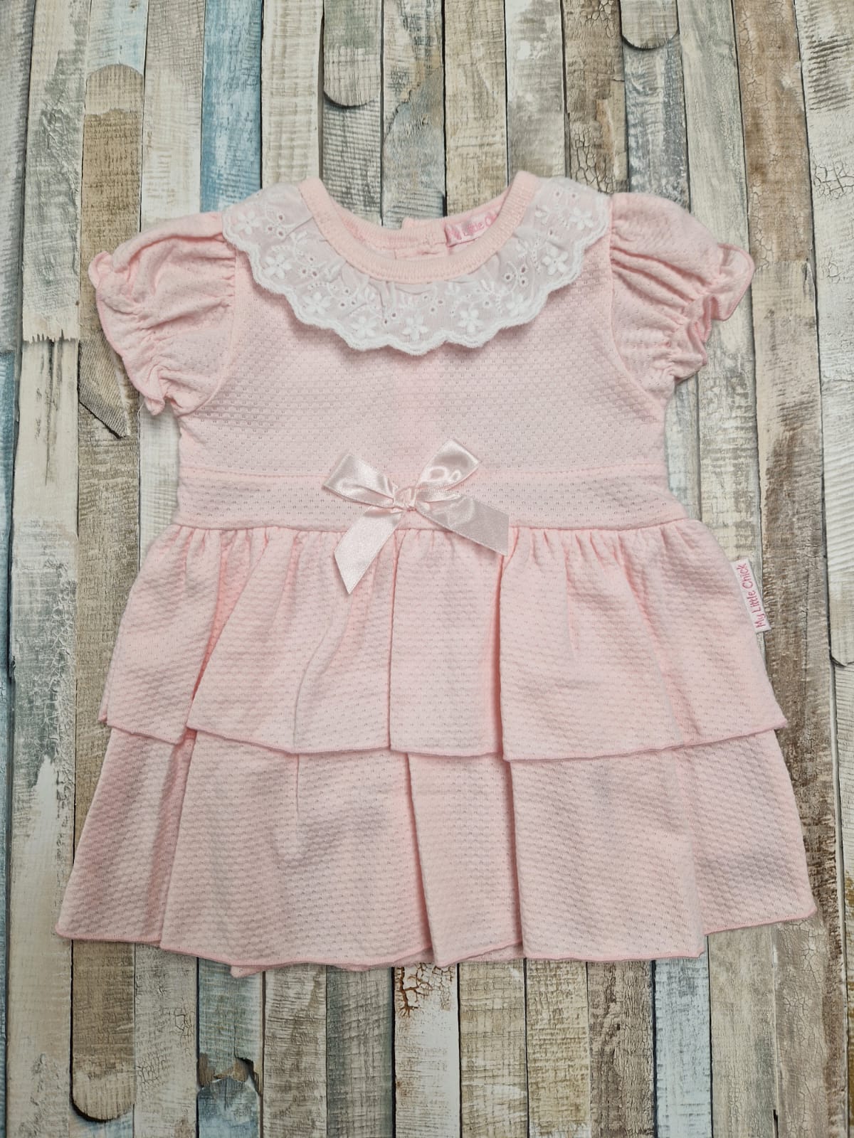Baby Girls Pink 2 Tier Dress With Lace and Bow