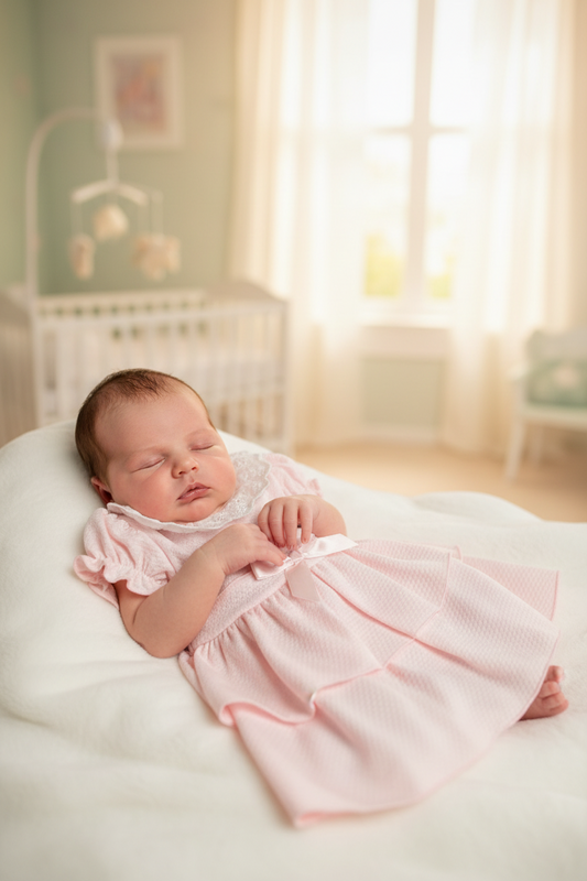 Baby Girls Pink 2 Tier Dress With Lace and Bow
