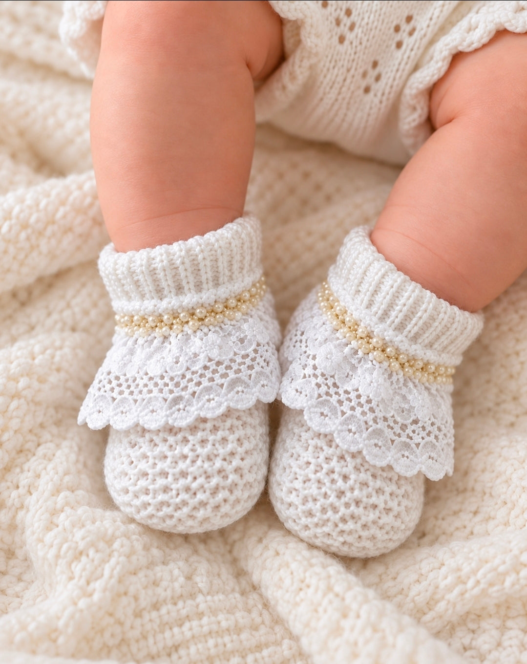 Newborn Baby Girls Lace Trim Knitted Booties