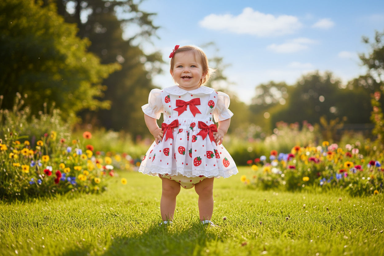Baby Girls Short Sleeved White Cotton Blouse With Strawberry Design Jam Pants Set