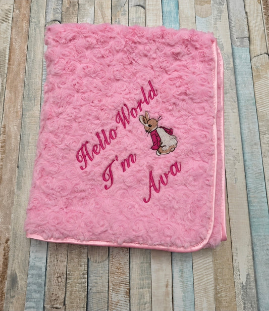 Personalised Hello World Pink Soft Rose Blanket/Wrap With Embroidered Pink Rabbit Design