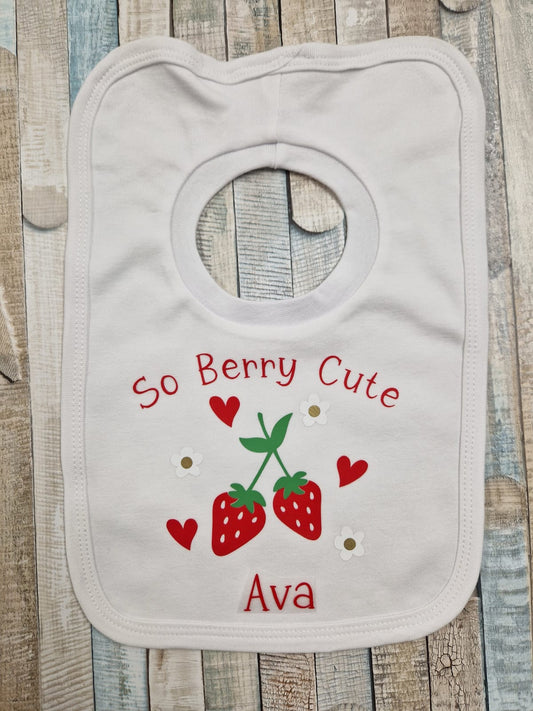 So Berry Cute Personalised Strawberry Design Printed Bib
